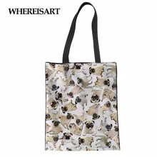 WHEREISART женские складные сумки для покупок Kawaii Мопс Печать Портативный складной магазин сумка большая многоразовая Льняная сумка сумки для путешествий для девочек