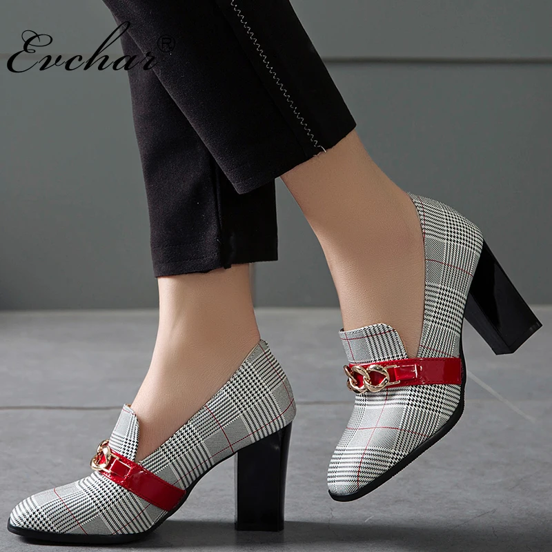 

EVCHAR NEw high heel square heel office slip-on elegant Lattice pattern mixed colors metal decoration women shoes big size 32-50