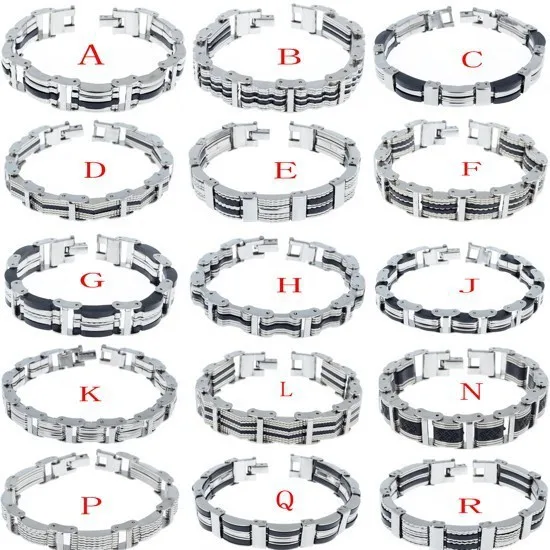 Fashion-17Styles-Popular-Mens-Black-Rubber-Bangle-stainless-steel-bracelets-link-cuff-wristband