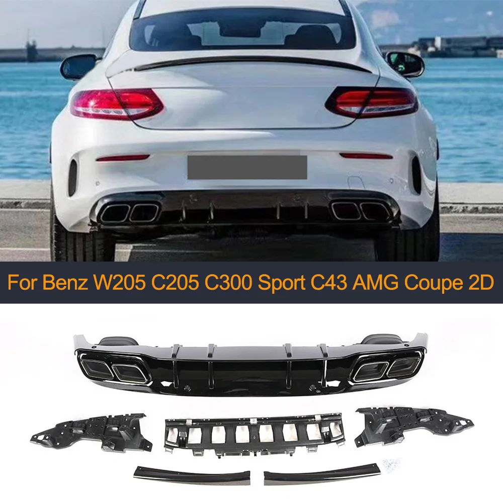 

For W205 Car Rear Bumper Diffuser Lip For Mercedes Benz C-Class W205 C205 Sport C43 AMG Coupe 14-18 Diffuser with Exhaust Tips