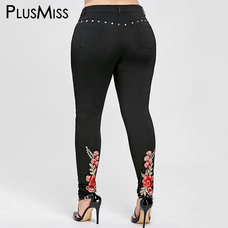 

PlusMiss Plus Size 5XL Floral Flower High Waist Elastic Rivet Pencil Pants Women Clothing Black Sexy Skinny Trousers Large Size