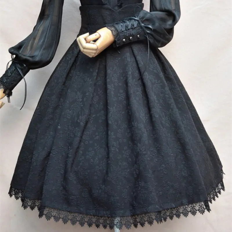 

2018 Women Classic Lolita Skirt Vintage Style Retro Gothic Darkness Lace Up High Waist A Line Chapel Church Formal Skirts Black