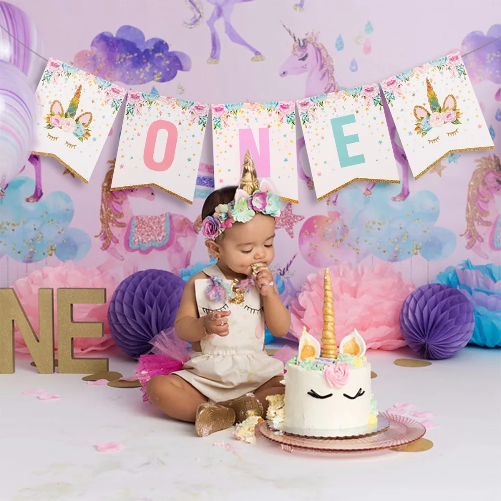 FENGRISE Блестящий Единорог гирлянда с днем рождения баннер I AM ONE Bunting Baby 1 день День