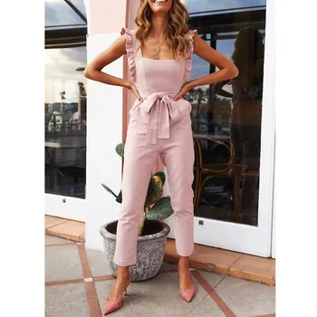 

Elegant Off Shoulder Jumpsuit Women Sexy Backless Casual Overalls Lace Up Solid Summer Jumpsuit