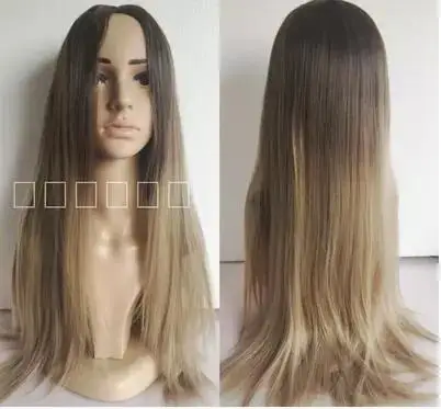 Silk Straight Gray Synthetic Wig Glueless Ombre Tone Color Brown