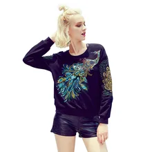2017 Women Sweatshirts Blouses Long Sleeve Peacock Embroidery Baseball Tops Ladies Sweet Adventure Casual Crop hoodie Boho Shirt