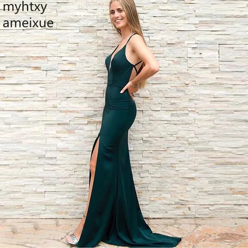 

Plus Size Sexy Mermaid Long Prom Dress V-neck Spaghetti Straps Crisscross Back Front Split Robe De Soiree Dark Green Special