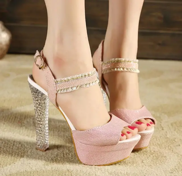 Glitter Light Pink Wedding Shoes Women Sandal Silver Crystal Heel Glitter Light Pink Wedding Shoes Women Sandal Silver Crystal Heel Party Summer Sandals Size 34