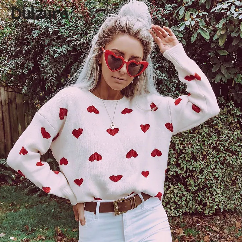 

Ins Hot High Street White Crochet Heart Pullover 2019 Women Autumn Sweet Loose Lantern Sleeve Cute Girls Winter Jumpers Top