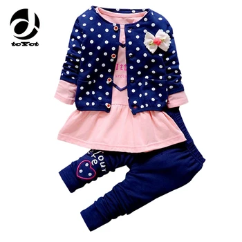 

Kids Spring 2016 new Korean wave point clothing set baby girls cute cotton clothes suit childern cartoon 3pcs suit