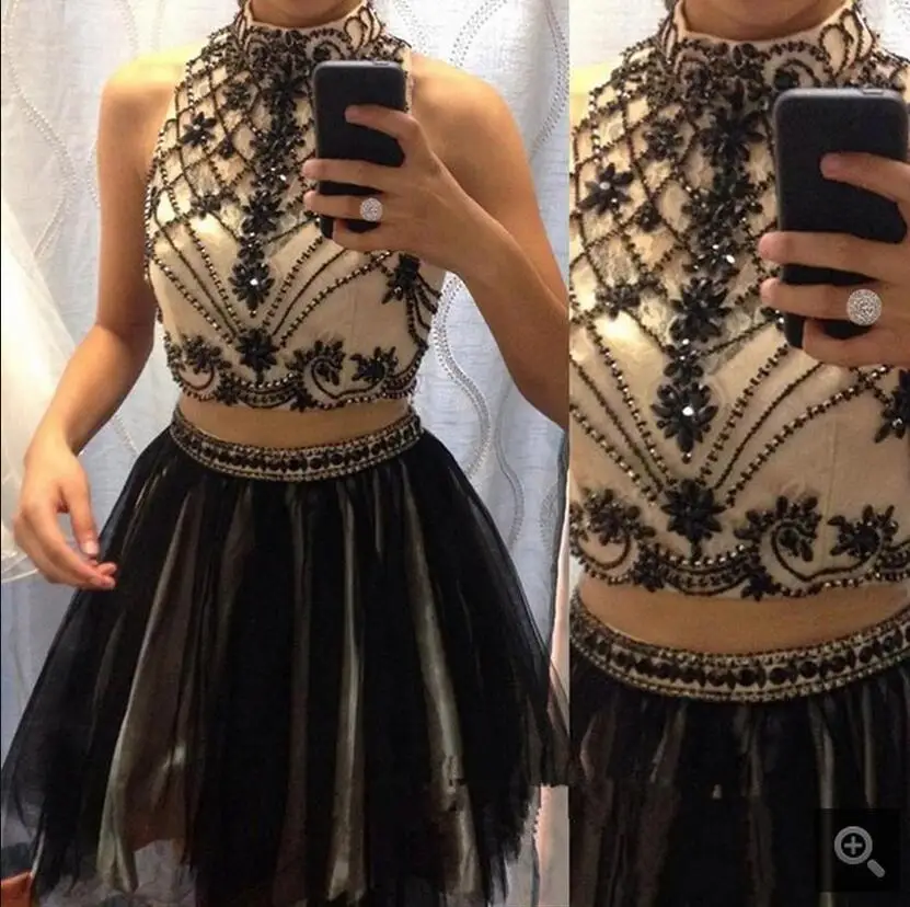 Beaded pearls champagne Black two piece Prom Dresses 2016 high neck Short Prom Dress