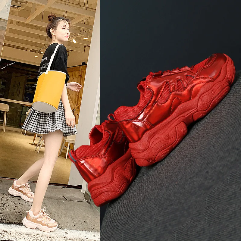 

2019 New Fashion Red gold silver Sneakers Spring Ladies Causal Shoes Woman Chunky Sneakers Women Shoes