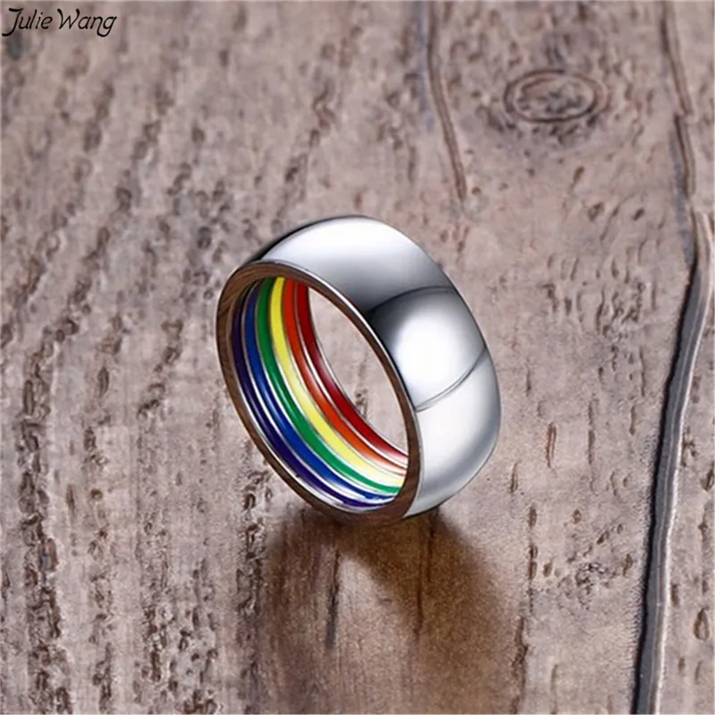 

Julie Wang 1PC Stainless Steel Rainbow Rings for Men LGBT Come Out of The Closet Statement Jewelry Gift Ring for Gay Friend