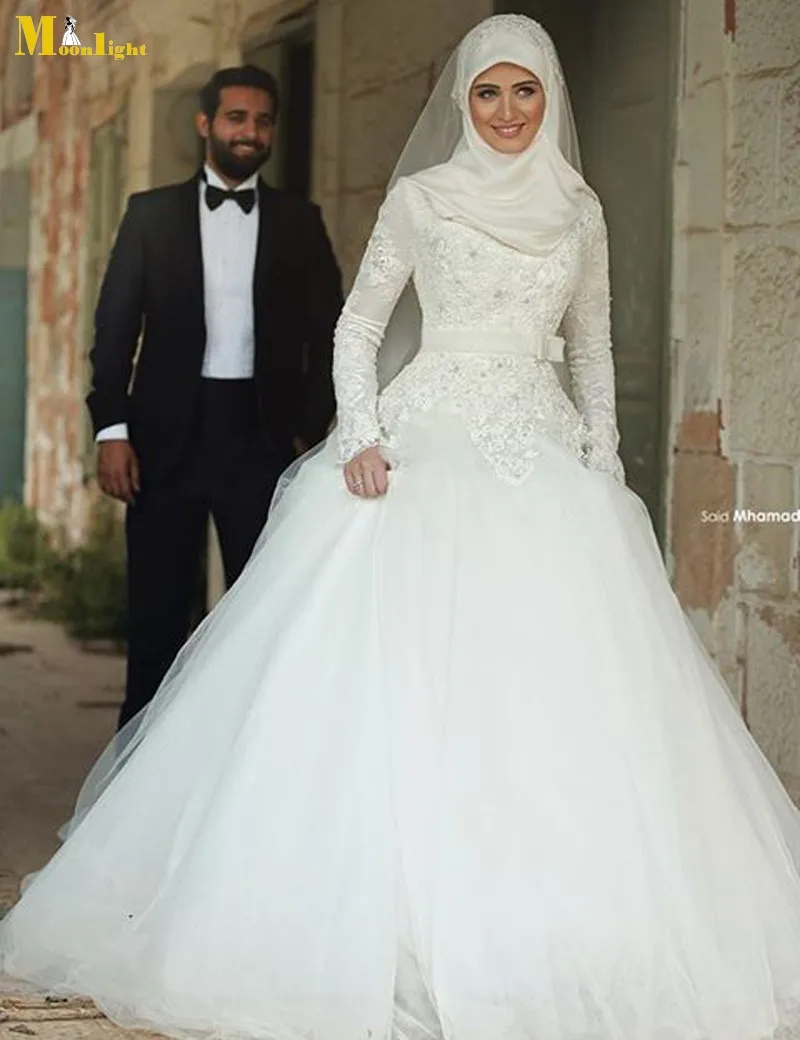 Yw034 Arabic And Muslim Hijab Wedding Dresses Lace Liques Full Yw034 Arabic And Muslim Hijab Wedding Dresses Lace Liques Full Sleeves Bridal Gowns Robe De Mariee With Bow Latest Design In From