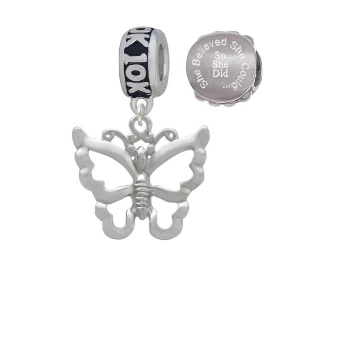 Silvertone Large Open Butterfly 10K Run She Believed She Could Charm Beads (Set of 2)
