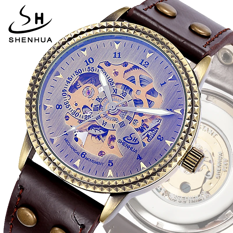 

SHENHUA montre homme Skeleton Automatic Bronze Watch Vintage Clock Men Mechanical Watches Pu Leather Transparent Wristwatch