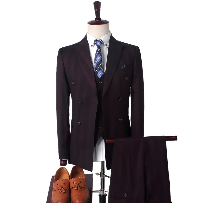 WOLF ZONE деловой мужской костюм, профессиональный повседневный мужской костюм, мужской тонкий двубортный блейзер из трех предметов высокого качества для свадьбы - Цвет: Wine Red 3 piece set