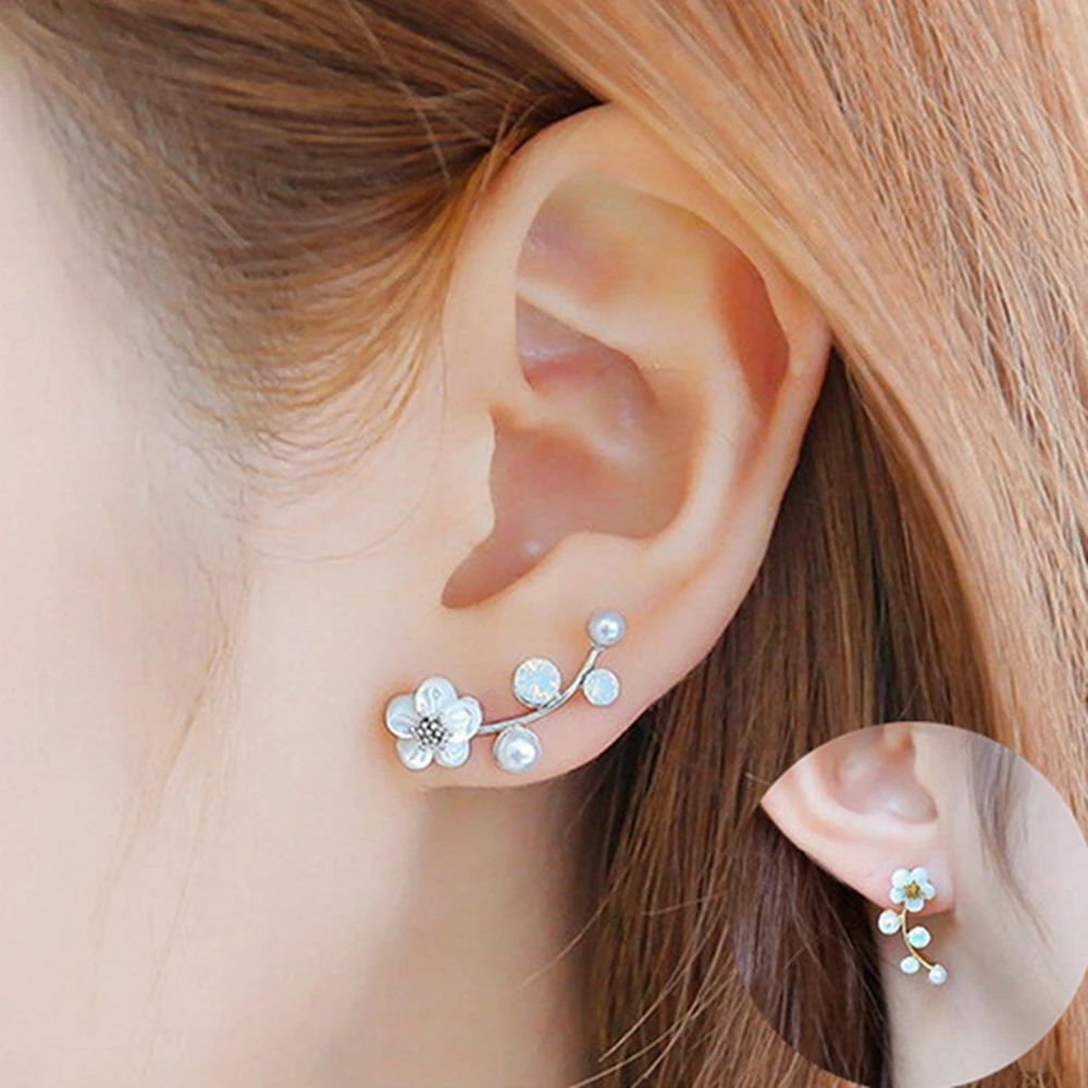 

Fashion Women Shell Flower Pearl Earrings Lady Elegant Crystal Rhinestone Ear Stud Jewelry