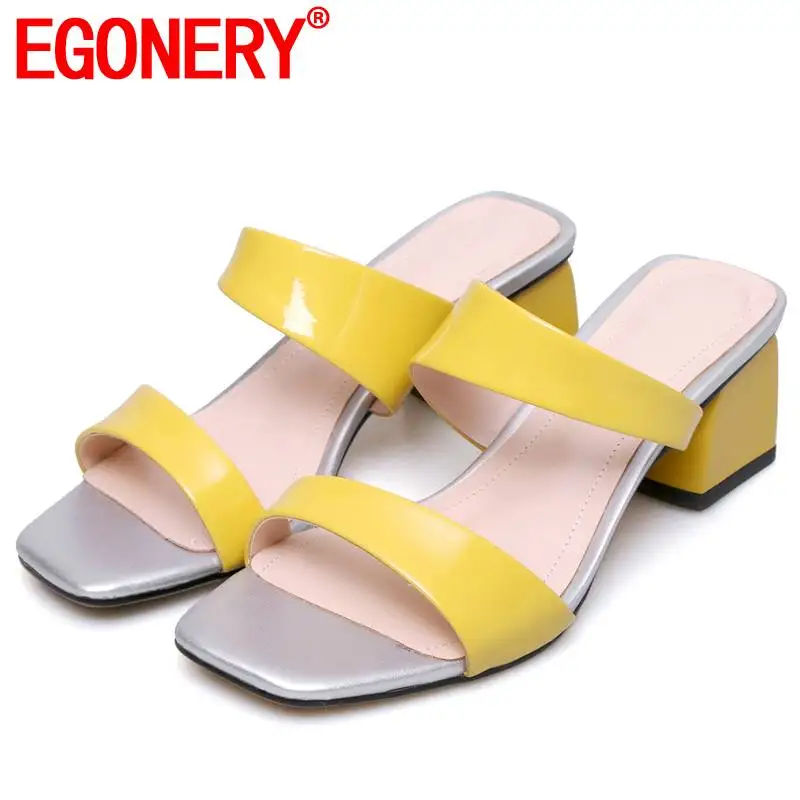 

EGONERY genuine cow leather white yellow black woman slippers summer fashion girl square toe sandals med heels mules shoes