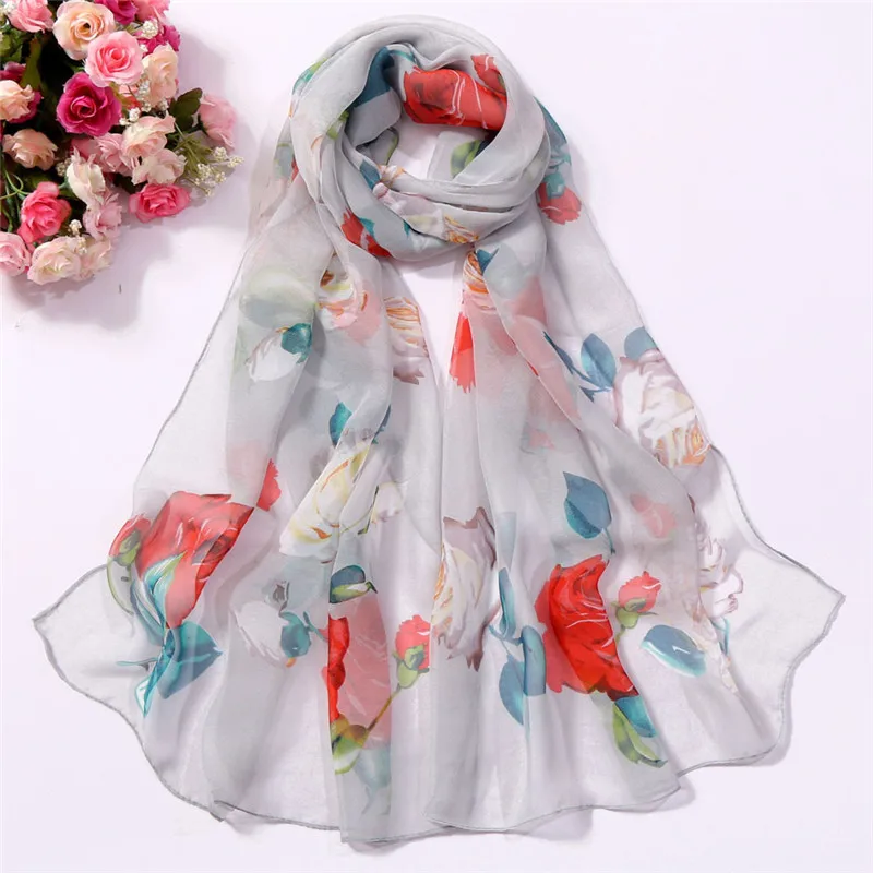 Fashion Women Roses Printing Long Soft Wrap Scarf Simulation Silk Shawl women's scarves handkerchief hijab scarf 40MA0612