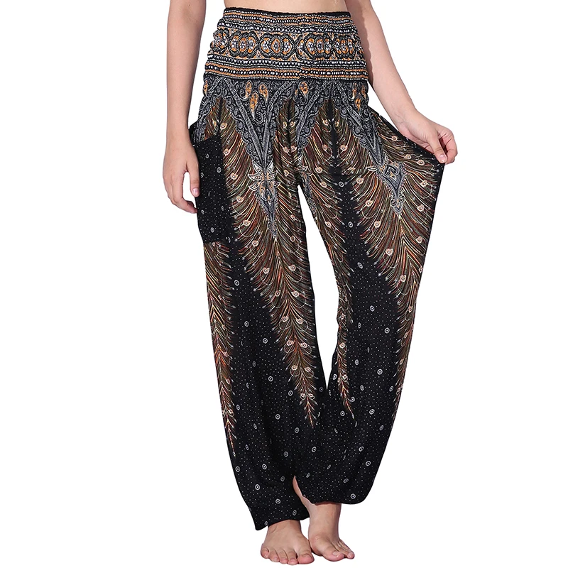 Летние женские шаровары Boho богемные пляжные штаны с высокой талией свободные