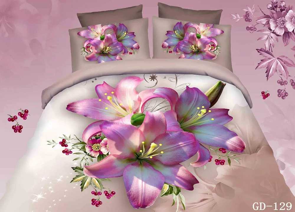 High Quality 3D Pink Lily Print 3 6 Piece 100 Cotton Bedding Sets