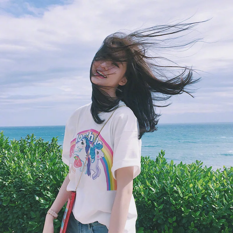 

My Little Pony Print Summer Unicorn Short-sleeved Rainbow Three Pony Loose T Shirt Women Tshirt O-Neck Tops Tees Casual