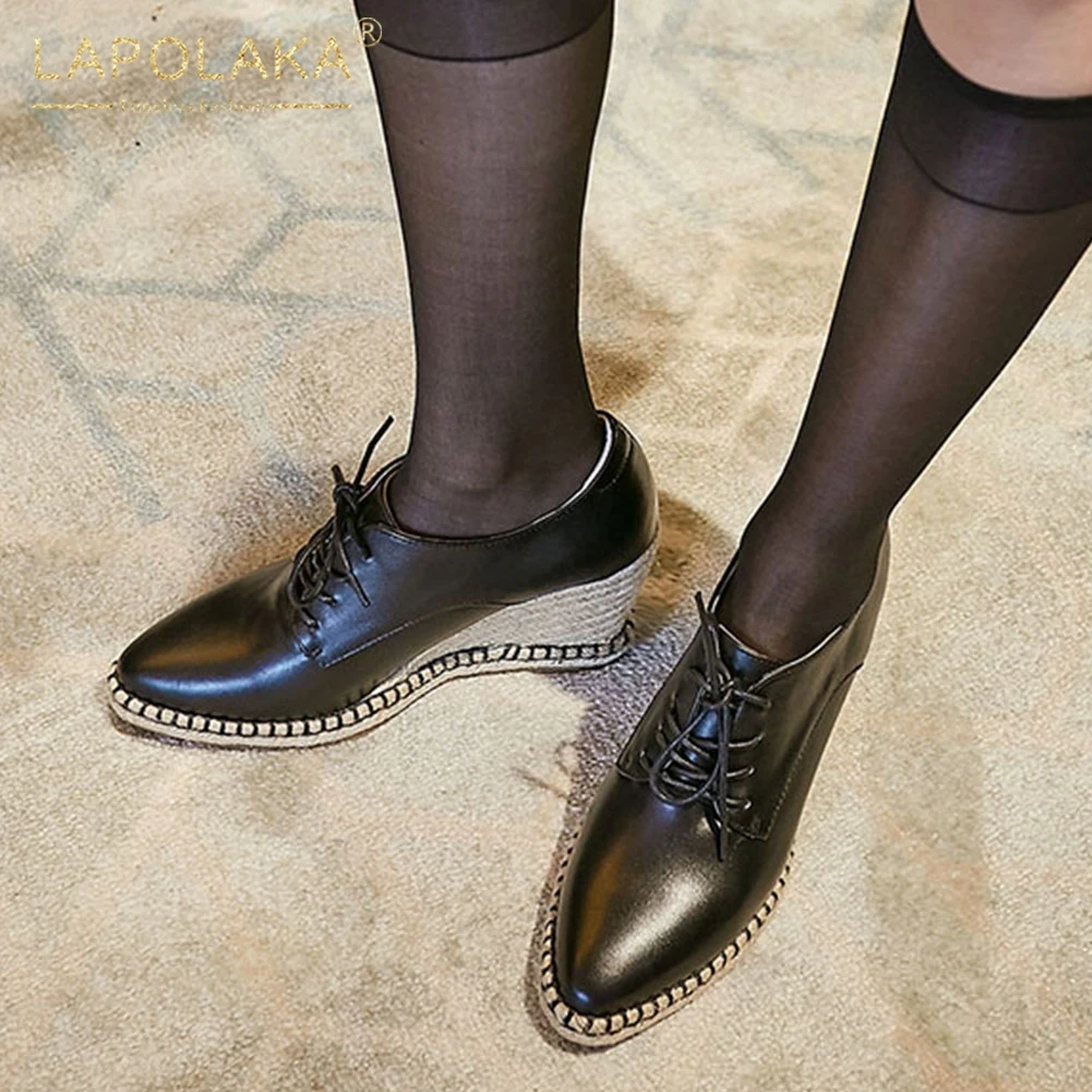 

Genuine Cow Leather High Heels Pumps Wedges Shoes Woman Spring Autumn Casual Lace Up Footwear Women Shoes Woman