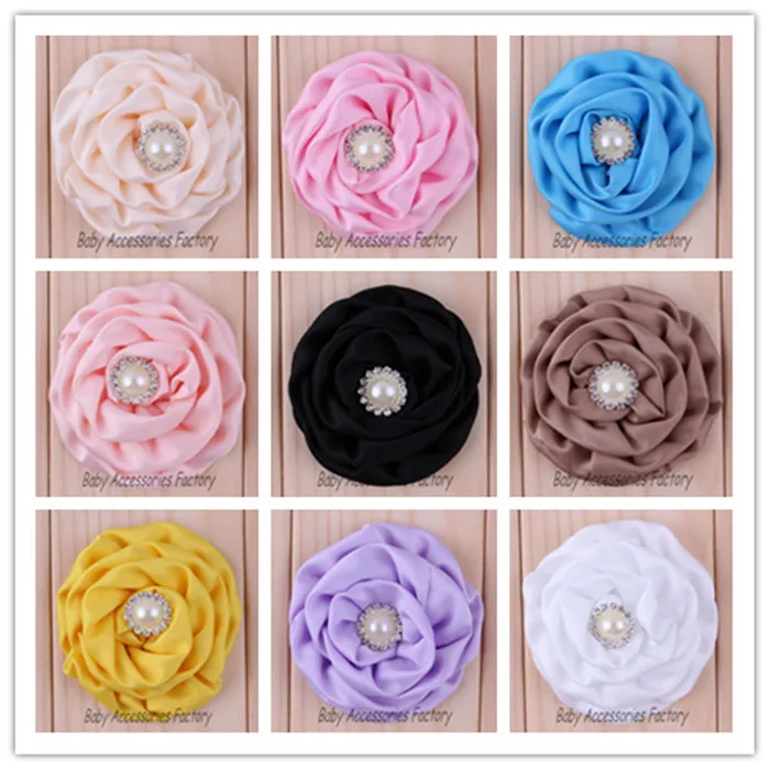 (120pcs/lot) 2015 Hot Fabric Chiffon Rose Flower With Pearl Rhinestone