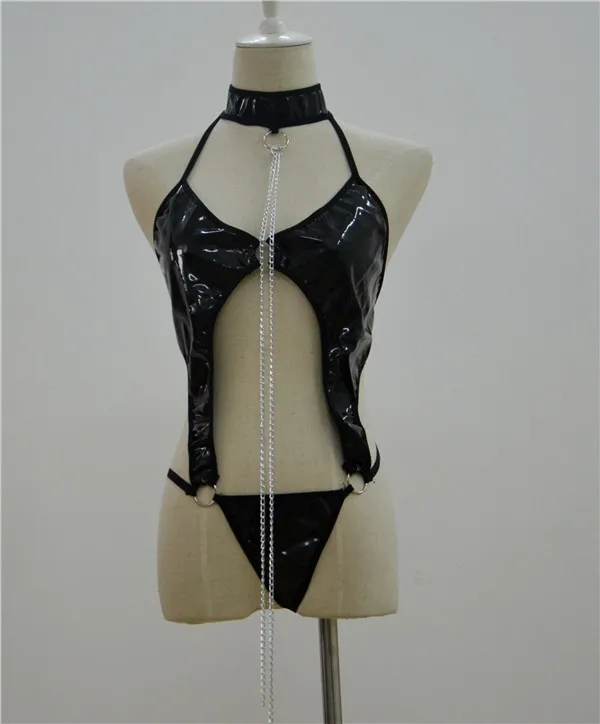 Сексуальное женское белье seksi glisten PVC из искусственной кожи, ночная сорочка, мишка, цепь бикини, боди, костюм для танцев на шесте, ночная рубашка - Цвет: Черный