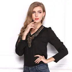 Новый стиль Для женщин Шифоновая блузка Sexy бисером Топы корректирующие Длинные рукава Повседневное свободную рубашку женская одежда