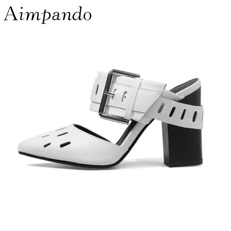 

New Chic Concise Studded Buckle Sandals Women Square Chunky Heel Pointed Toe Slingback Black White Summer Shoes