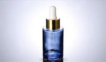 

30ml glass dropper bottles blue glass bottle with shiny golden collar & Black bulb, Eye cream bottle or oil dropper glass bottle