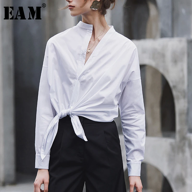 

[EAM] 2019 New Autumn Winter Stand Collar Long Sleeve Brief Bandage Irregular Temperament Shirt Women Blouse Fashion Tide JX674