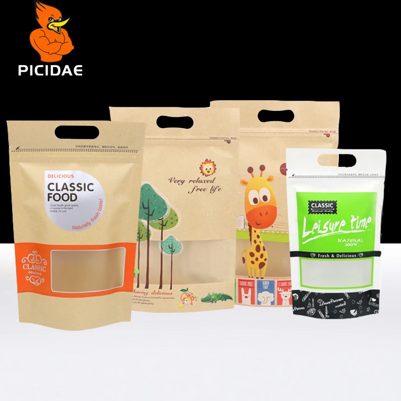 

Cartoon Cookie Candy Chocolate Sugar Snack bag Food Packaging Stand Up Frosted Reseal Kraft Paper Printing Window Zip Lock