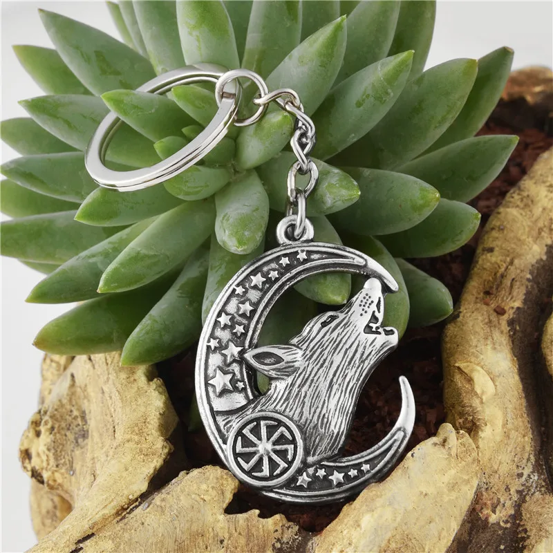 

Vintage Howling Wolf Key Chain wih Kolovrat Charm Kolovrat Amulet Wolf Car Key Chain