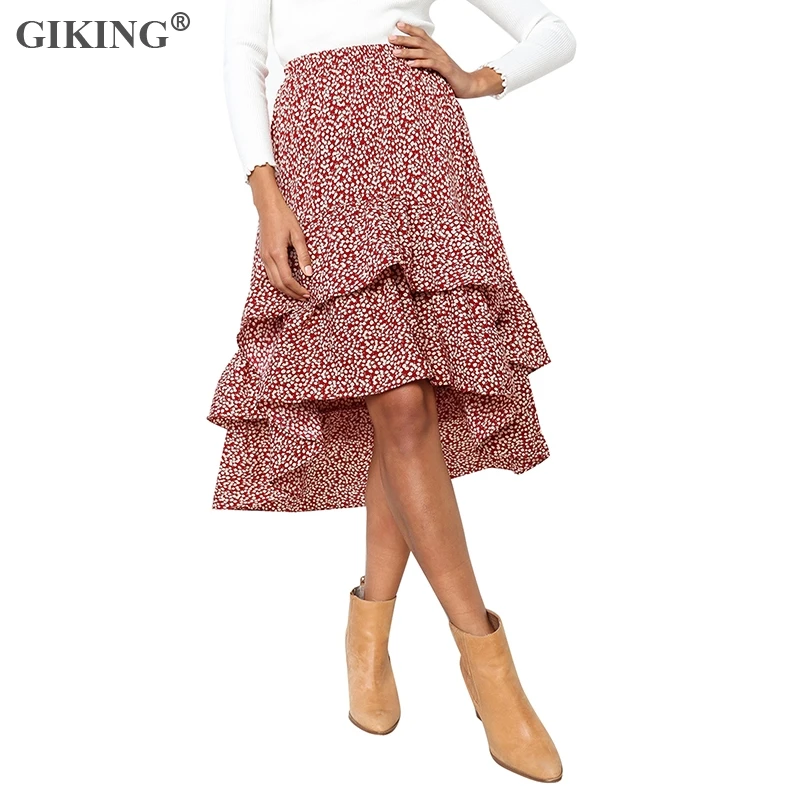 

GIKING Summer Wave Point Dot Print Skirts For Women Ruffles Irregular Boho Party Skirts Women's Casual Holiday Bench Skirt 2019