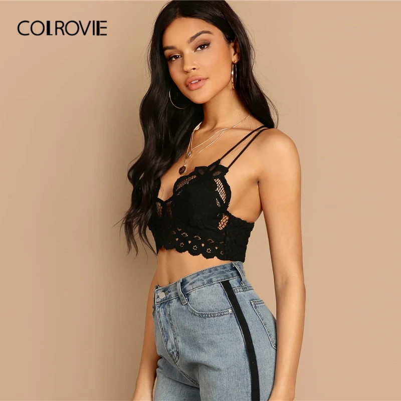 Женский укороченный топ на шнуровке COLROVIE черный кружевной с открытой спиной