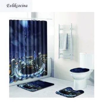 

Free Shipping 4Pcs Night City Banyo Bath Mats Set Anti Slip Bathroom Mat Tapete Banheiro Washable Toilet Rugs Alfombra Bano