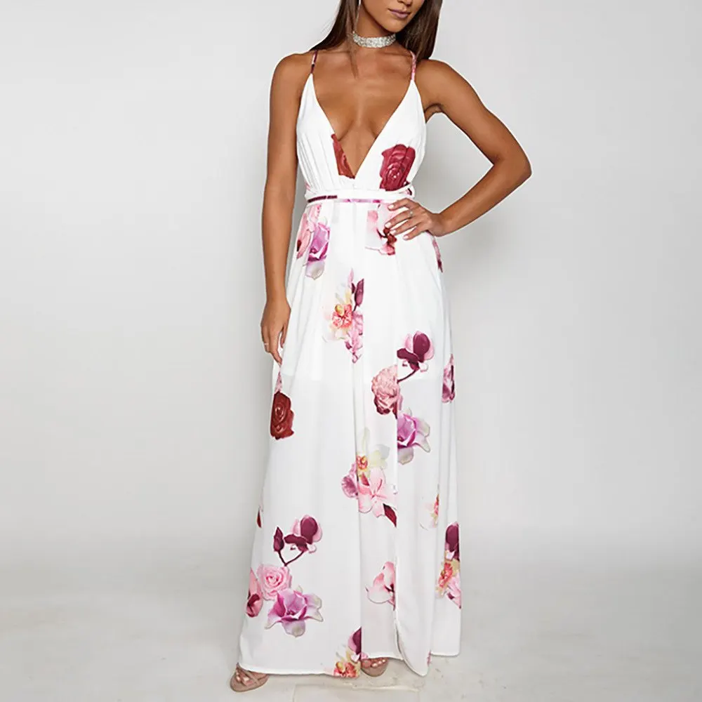 Casual Dress Women Summer Sexy Boho Floral Long Evening Party Dress Beach Dress Sundress Vestido Longo Casual