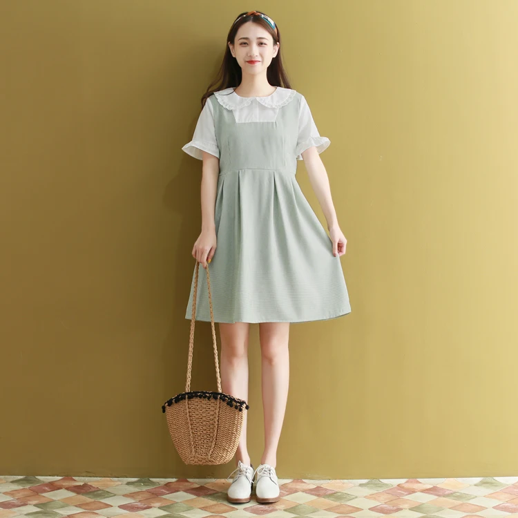 Японский консервативный стиль, летнее женское платье, воротник Питер Пэн, зеленый, синий, в клетку, женское платье, элегантное, милое, Kawaii, короткие платья