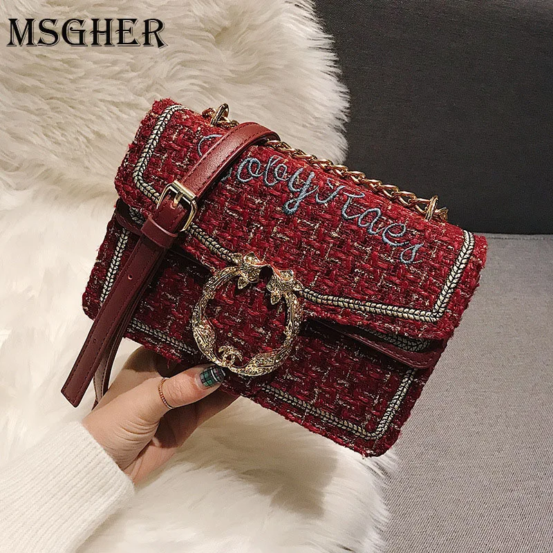 

MSGHER Elegant Chains Women bag 2019 Checkered Tweed handbag Sweet Girls Woolen Satchel bag Pearl Shoulder Messenger Bags Flap