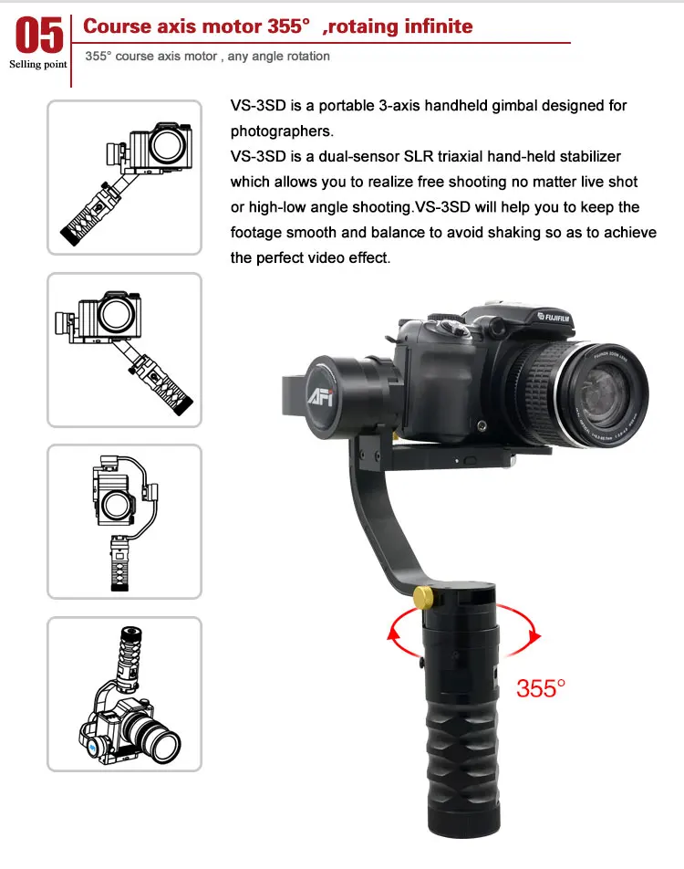 Стабилизатор для Камера VS-3SD 3-осевой портативный монопод с шарнирным замком однообъективной цифровой зеркальной фото-и видеокамеры Мобильный держатель для бесщеточный мотор для цифровой зеркальной камеры Canon Nikon с сервоприводом для непрерывного изменения фокусировки камеры