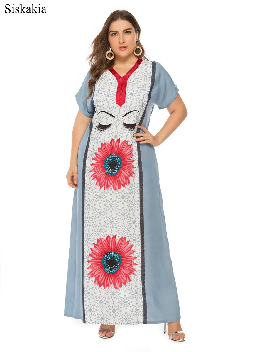 Siskakia Flower Print Plus Size Women Maxi Long Dress Vintage Loose V Neck Short Sleeve Female Dresses Blue Pink Summer 2019 New (1)
