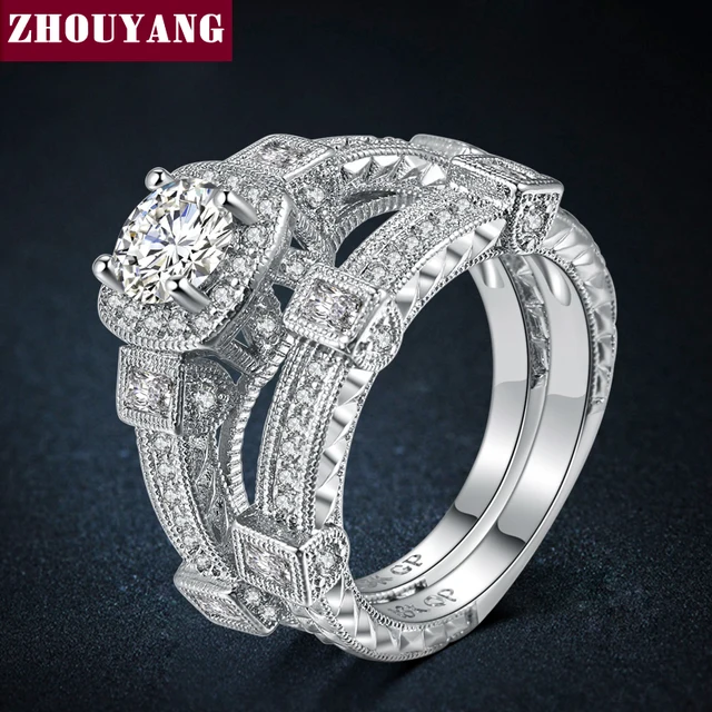 Di lusso Anelli Set di 2 di Colore Argento Bijoux di Modo di Cerimonia Nuziale D Di lusso Anelli Set di 2 di Colore Argento Bijoux di Modo di Cerimonia Nuziale D