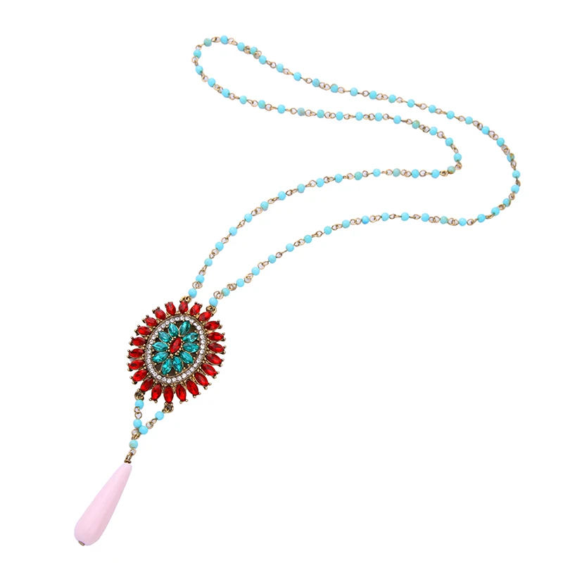 

Long Beads Chain Bohemian Necklace Antique Gold Color Geometric Pendant Ethnic Jewelry