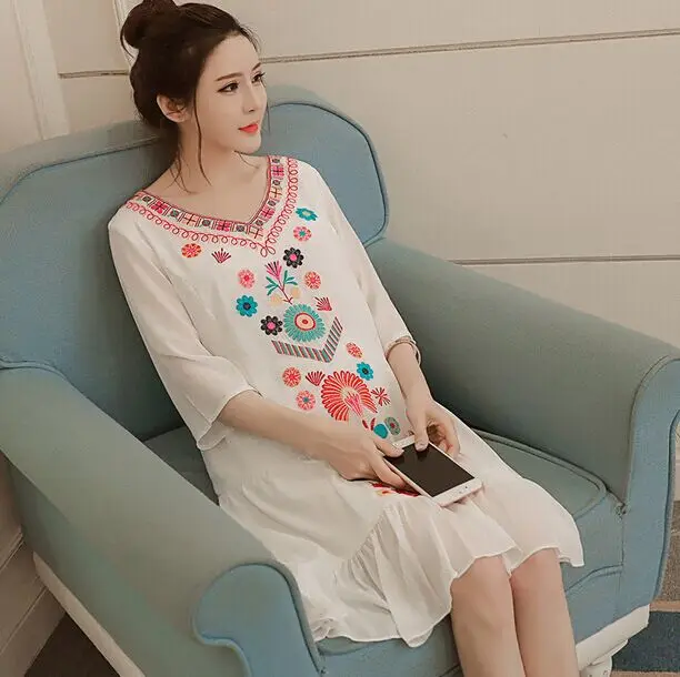 Clobee 2017 Summer Vintage Embroidery Printed Dress For Pregnancy Women Half Sleeve Elegant Ladies Chiffon Ruffles XL126 | Беременность