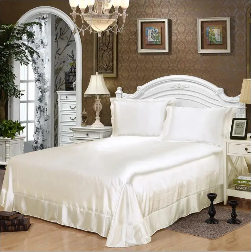 White Silky Satin Bedding Bed Sheet Pillowcases 1/3pcs Solid Color Bed