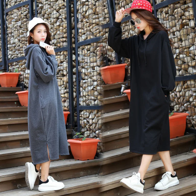 

Women Solid Plus Size Dress Spring/autumn Cotton Hooded Lady Vestidos Female Clothing Casual Loose Big Size Long Dress