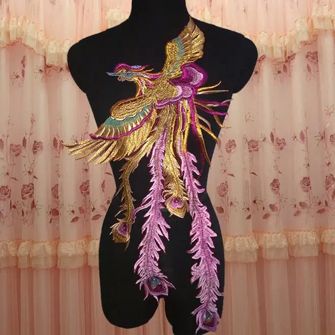 38*75cm large colorful phoenix embroidery patch applique on red mesh